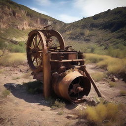 Create an image depicting an abandoned gold mine in Spain, surrounded by beautiful European landscapes