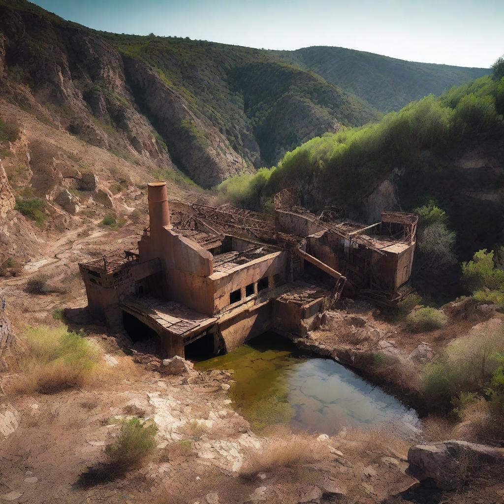 Create an image depicting an abandoned gold mine in Spain, surrounded by beautiful European landscapes