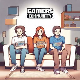 Two girls and two guys are sitting on a couch, all wearing clothes that say 'Gamers Community'