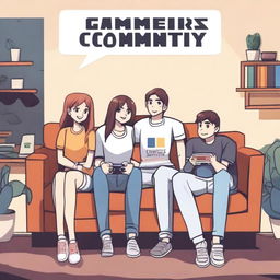 Two girls and two guys are sitting on a couch, all wearing clothes that say 'Gamers Community'