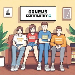 Two girls and two guys are sitting on a couch, all wearing clothes that say 'Gamers Community'