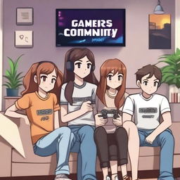 Two girls and two guys are sitting on a couch, all wearing clothes that say 'Gamers Community'