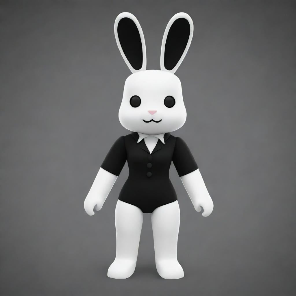 A small-sized female Roblox character styled as a bunny with a white head and arms, a black torso and legs. She boasts a black collar and bright, white ears.