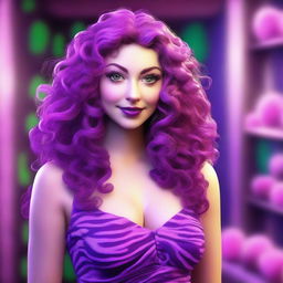 A digital art depiction of a short, pale white woman with vivid violet long-length curly to wavy hair