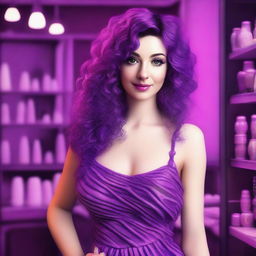 A digital art depiction of a short, pale white woman with vivid violet long-length curly to wavy hair