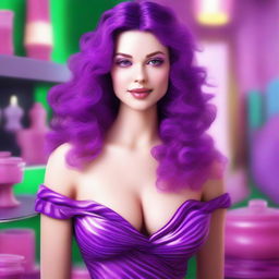 A digital art depiction of a short, pale white woman with vivid violet long-length curly to wavy hair