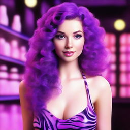 A digital art depiction of a short, pale white woman with vivid violet long-length curly to wavy hair