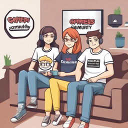 Two adult women and two adult men are sitting on a couch, all wearing clothes that say 'Gamers Community'