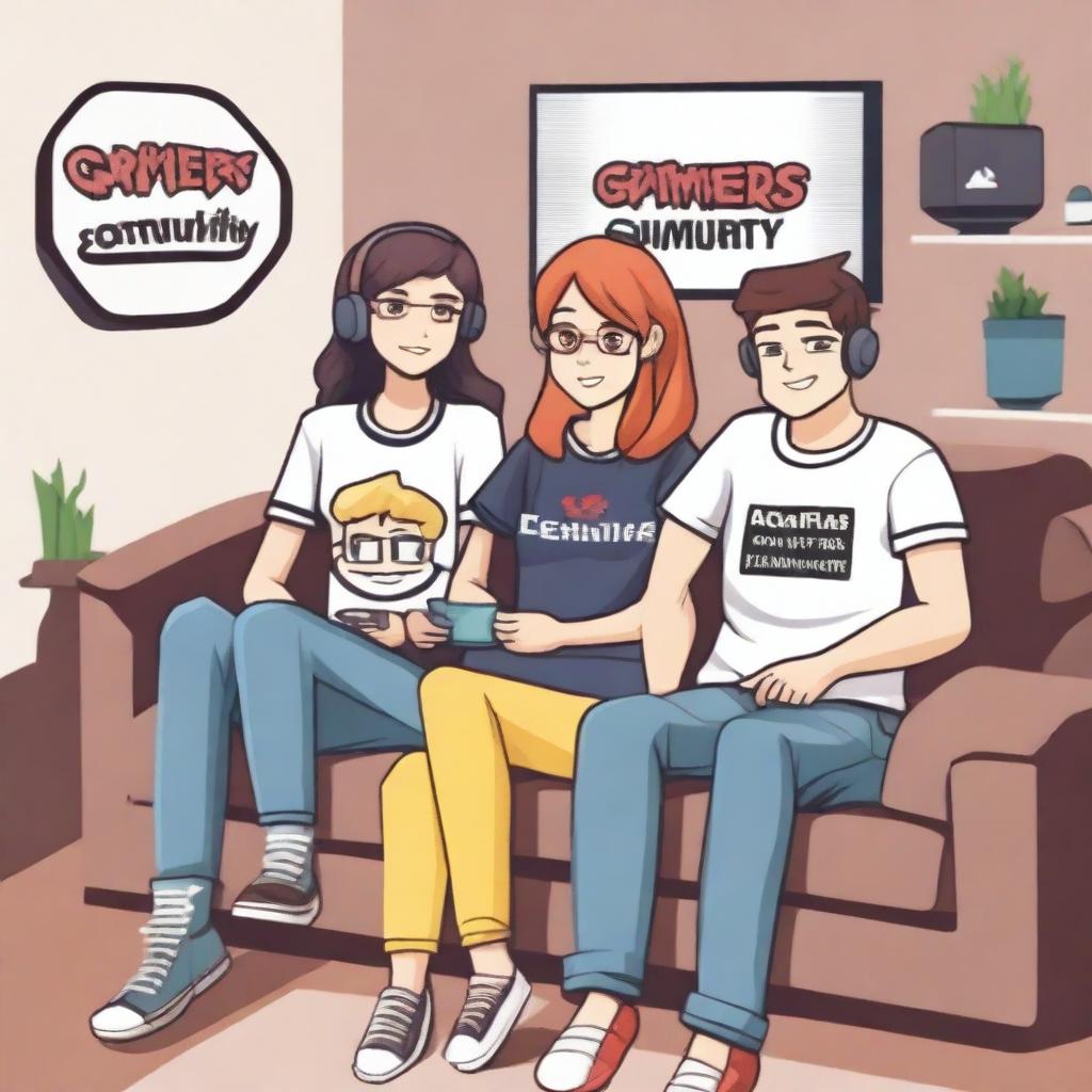 Two adult women and two adult men are sitting on a couch, all wearing clothes that say 'Gamers Community'