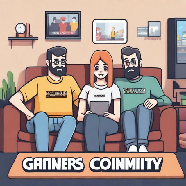 Two adult women and two adult men are sitting on a couch, all wearing clothes that say 'Gamers Community'