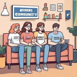 Two adult women and two adult men are sitting on a couch, all wearing clothes that say 'Gamers Community'