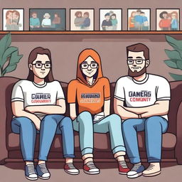 Two adult women and two adult men are sitting on a couch, all wearing clothes that say 'Gamers Community'