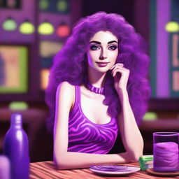 A digital art depiction of a short, pale, tiny-framed, skinny white woman with vivid violet long-length curly to wavy hair