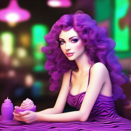 A digital art depiction of a short, pale, tiny-framed, skinny white woman with vivid violet long-length curly to wavy hair