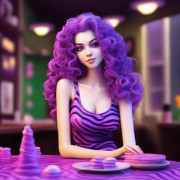 A digital art depiction of a short, pale, tiny-framed, skinny white woman with vivid violet long-length curly to wavy hair