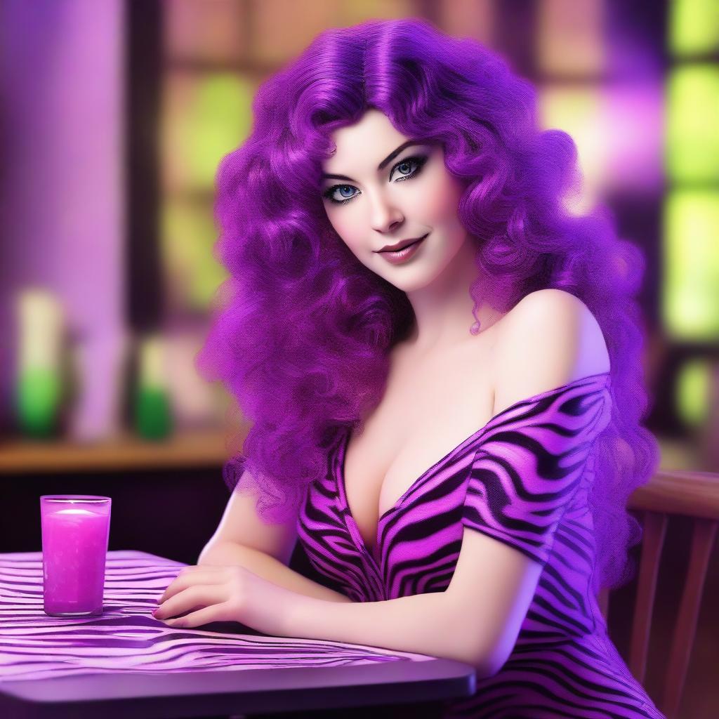 A digital art depiction of a short, pale, small-framed white woman with vivid violet long-length curly to wavy hair