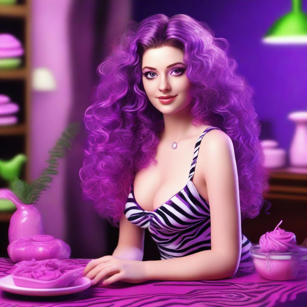 A digital art depiction of a short, pale, small-framed white woman with vivid violet long-length curly to wavy hair