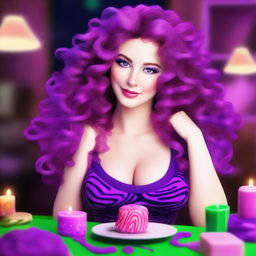 A digital art depiction of a short, pale, small-framed white woman with vivid violet long-length curly to wavy hair