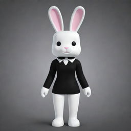 A small-sized female Roblox character styled as a bunny with a white head and arms, a black torso and legs. She boasts a black collar and bright, white ears.