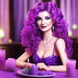 A digital art depiction of a short, pale, small-framed white woman with vivid violet long-length curly to wavy hair