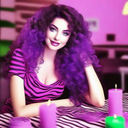 A short, pale, and skinny white woman with vivid violet long curly to wavy hair