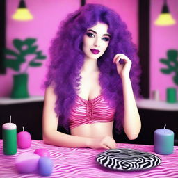 A short, pale, and skinny white woman with vivid violet long curly to wavy hair