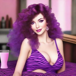 A short, pale, and skinny white woman with vivid violet long curly to wavy hair