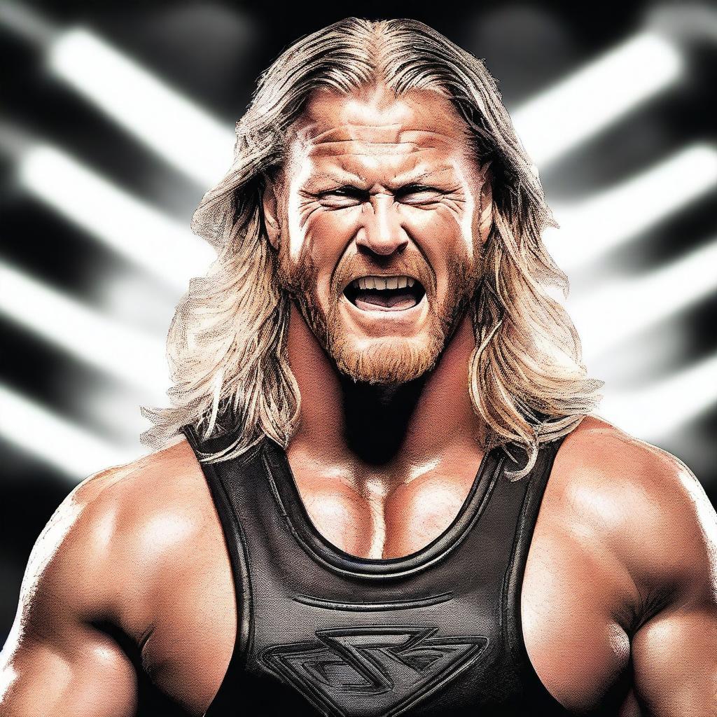 Create an image featuring the WWE wrestler Edge, showcasing his iconic look with long hair and intense expression