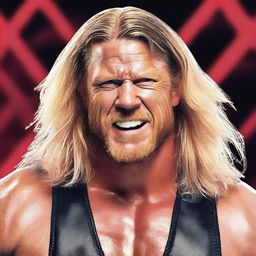 Create an image featuring the WWE wrestler Edge, showcasing his iconic look with long hair and intense expression