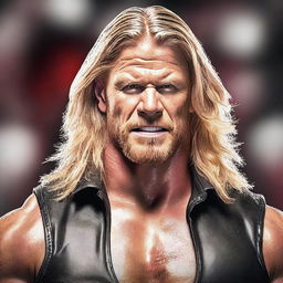 Create an image featuring the WWE wrestler Edge, showcasing his iconic look with long hair and intense expression