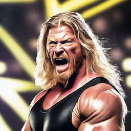 Create an image featuring the WWE wrestler Edge, showcasing his iconic look with long hair and intense expression