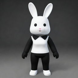 A small-sized female Roblox character styled as a bunny with a white head and arms, a black torso and legs. She boasts a black collar and bright, white ears.