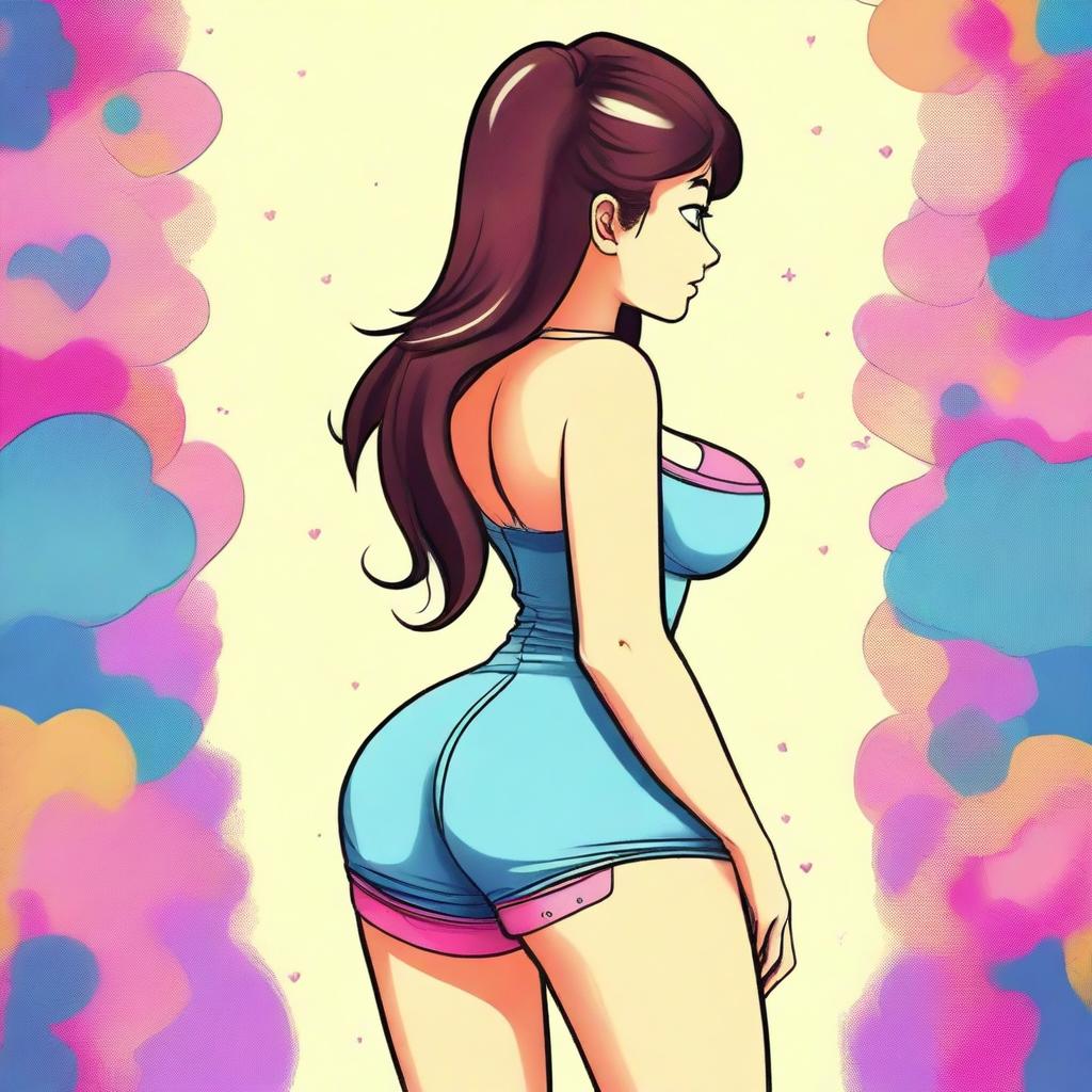 Create an image of a girl with an exaggeratedly large backside, focusing on a playful and cartoonish style