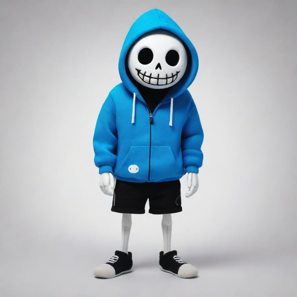 Sans from Undertale, a skeleton character wearing a blue hoodie, black shorts and slippers. He has a playful grin and white glowing circular eyes.