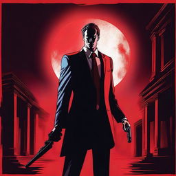 A lawyer standing under a red moonlight, holding a gun