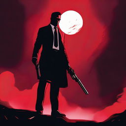 A lawyer standing under a red moonlight, holding a gun