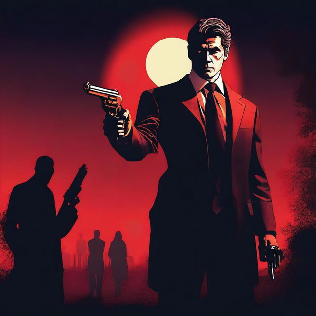 A lawyer standing under a red moonlight, holding a gun