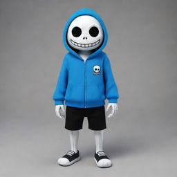 Sans from Undertale, a skeleton character wearing a blue hoodie, black shorts and slippers. He has a playful grin and white glowing circular eyes.