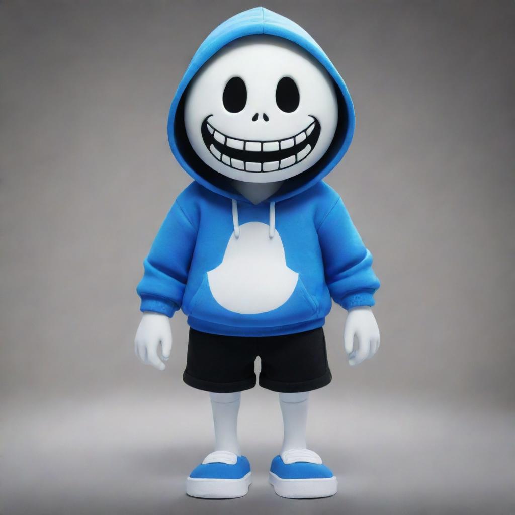 Sans from Undertale, a skeleton character wearing a blue hoodie, black shorts and slippers. He has a playful grin and white glowing circular eyes.