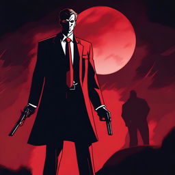 A lawyer standing under a red moonlight, holding a gun