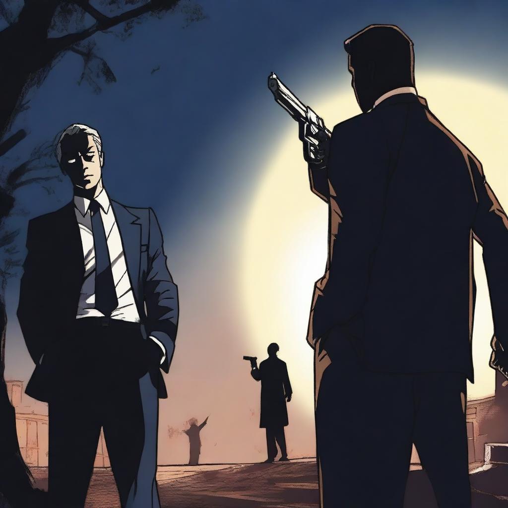 A dramatic scene featuring a lawyer holding a gun, facing a man who is holding him at gunpoint