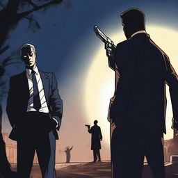 A dramatic scene featuring a lawyer holding a gun, facing a man who is holding him at gunpoint