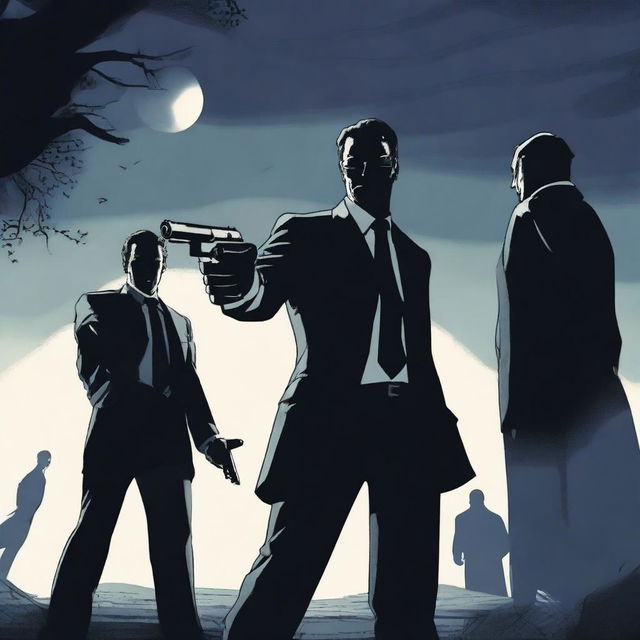 A dramatic scene featuring a lawyer holding a gun, facing a man who is holding him at gunpoint