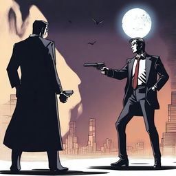 A dramatic scene featuring a lawyer holding a gun, facing a man who is holding him at gunpoint