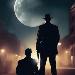 A dramatic scene featuring a lawyer with a gun, facing a man holding him at gunpoint under the moonlight