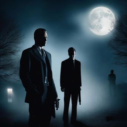 A dramatic scene featuring a lawyer with a gun, facing a man holding him at gunpoint under the moonlight