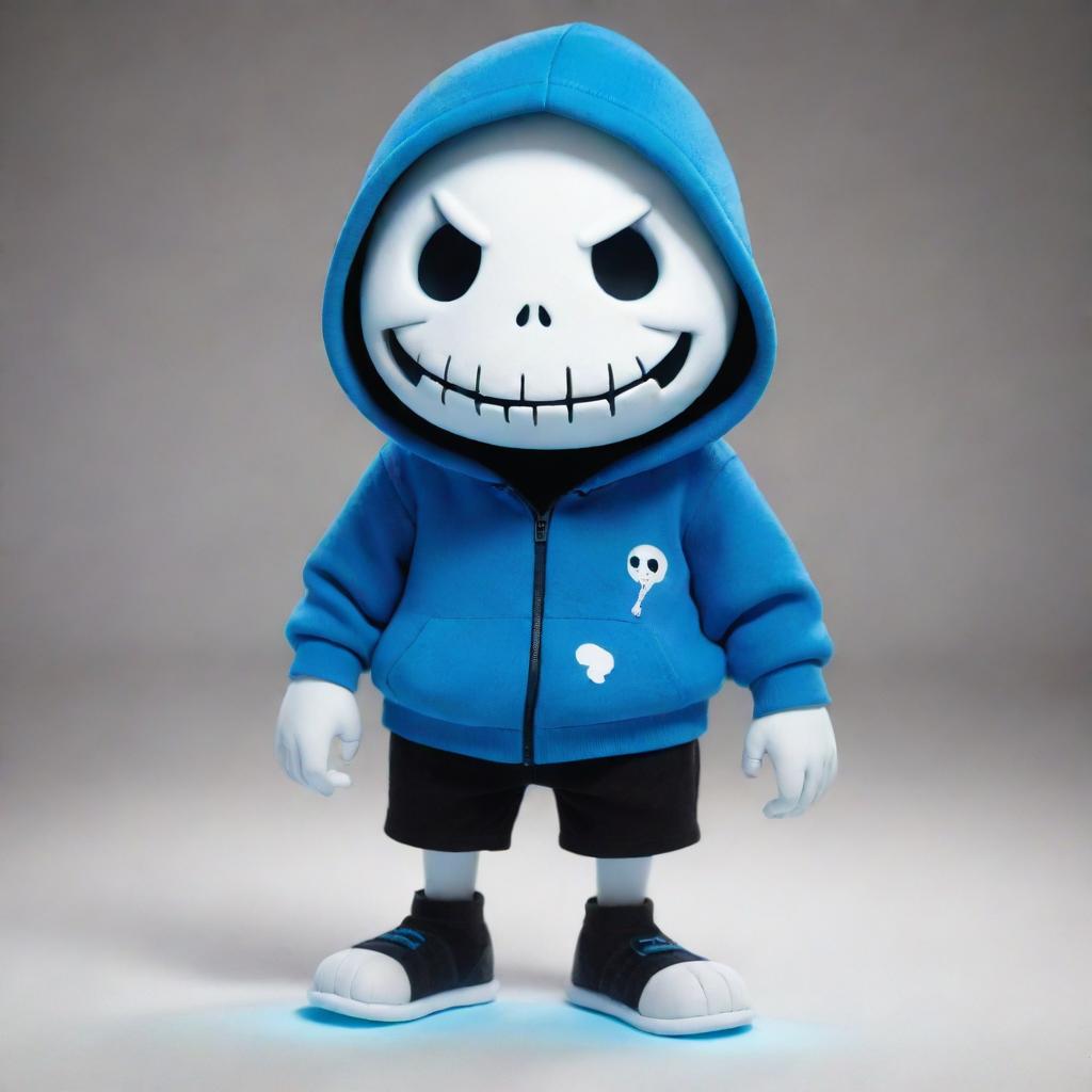 Sans from Undertale, a skeleton character wearing a blue hoodie, black shorts and slippers. He has a playful grin and white glowing circular eyes.