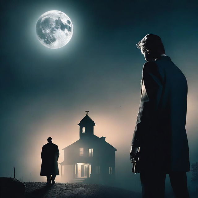 A dramatic scene featuring a lawyer with a gun, facing a man holding him at gunpoint under the moonlight