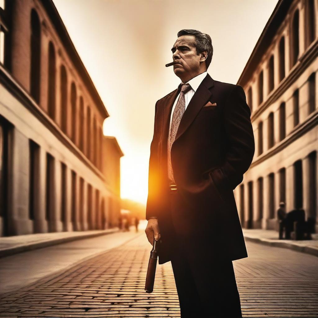 A lawyer with a gun in one hand and a cigar in his mouth is standing on a street during sunset