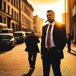 A lawyer with a gun in one hand and a cigar in his mouth is standing on a street during sunset